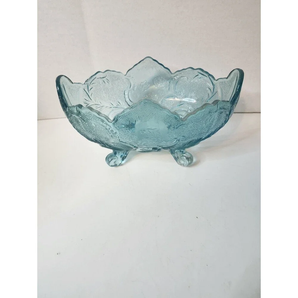 Vintage Glass Blue Center Table Bowl Footed Leaf Design